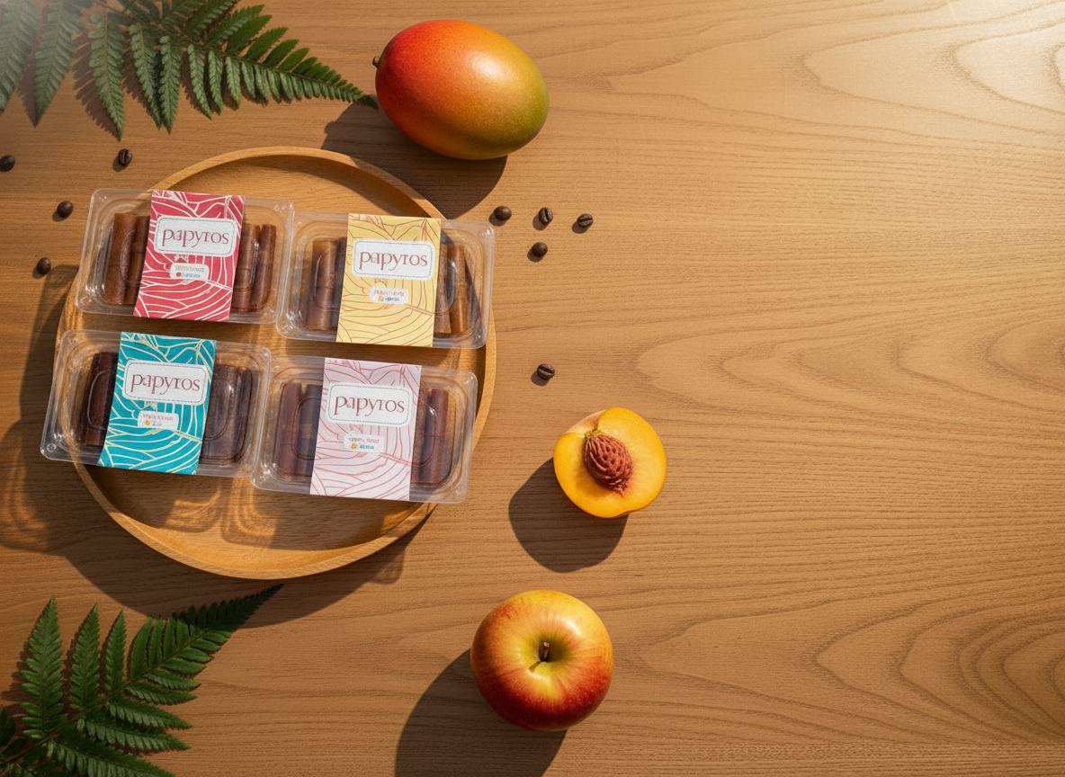 Papyros — empaques individuales 100% fruta natural sobre plato de madera, con mango, lulo, banano y sandía